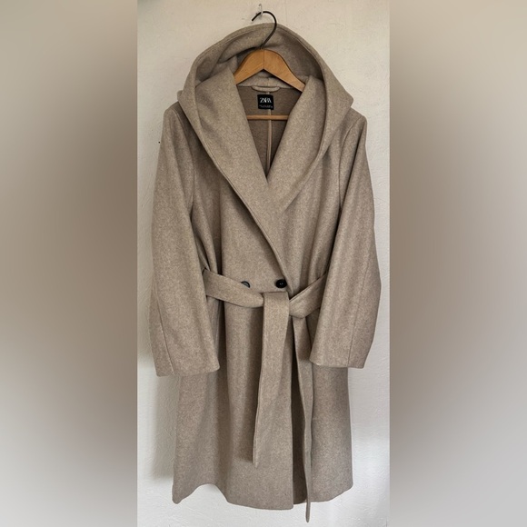 Zara Ecru Taupe Knit Hooded Belted Winter Coat - Picture 5 of 16